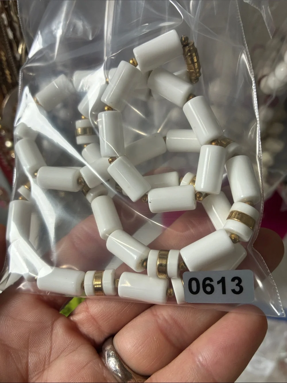 VTG Lucite Classic White Beaded Necklace with Gold Accents Lightweight Casual